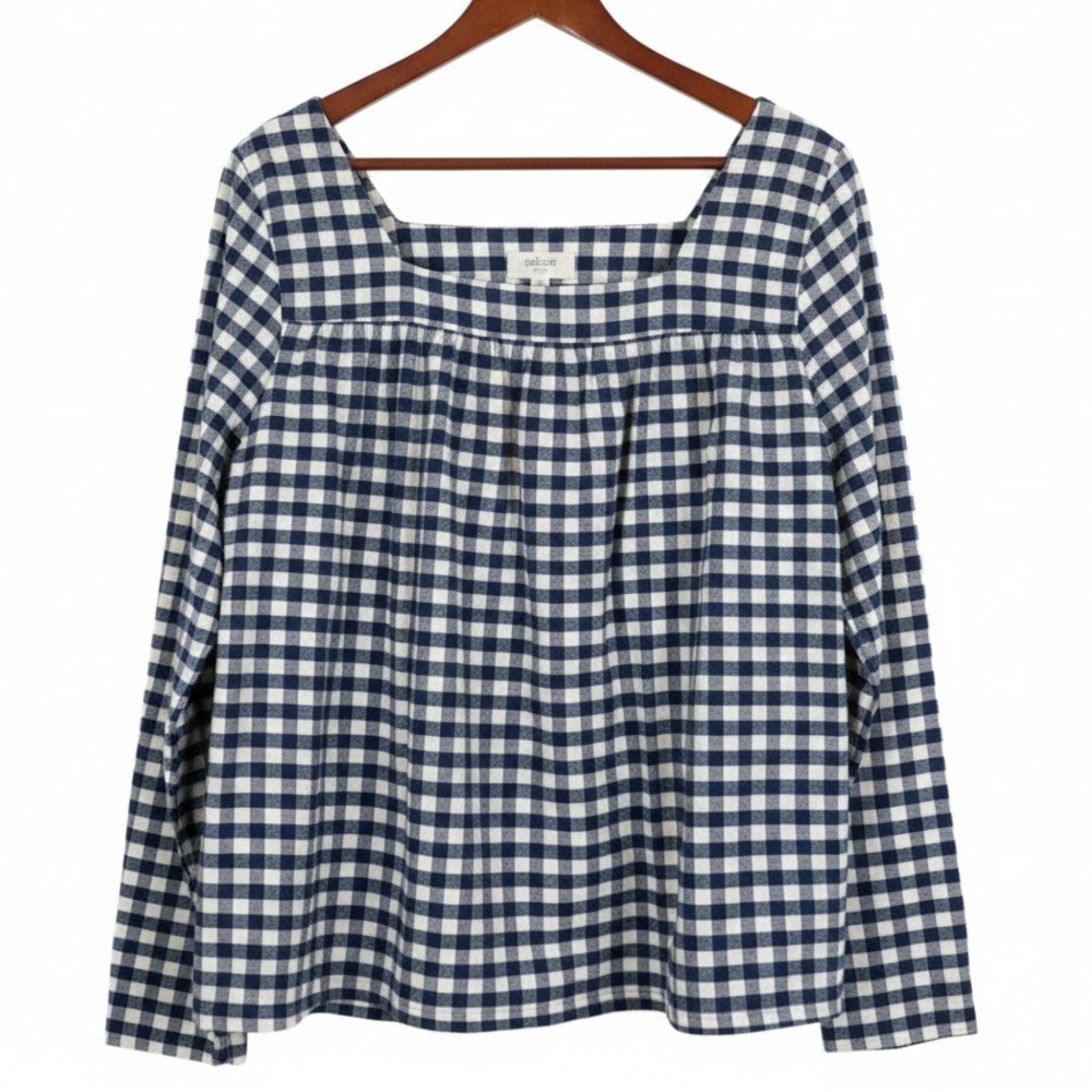 🔴 Evolverie 3X Navy Gingham Square Neck Blouse Sustainable 100% Cotton EUC